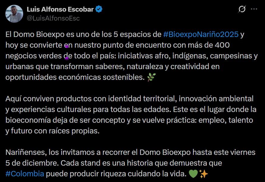 domo bioexpo - bioexpo nariño 2025 - captura publicación gobernador nariño - negocios verdes - bioeconomía en colombia - sostenibilidad nariño - noticias nariño