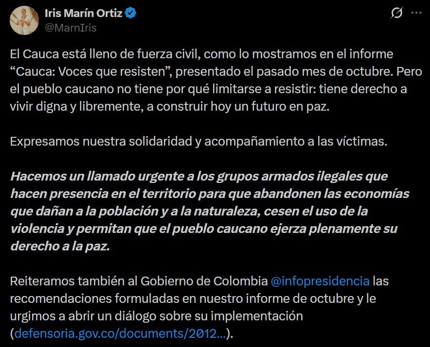 Pronunciamiento de Iris Marín sobre el atentado en Balboa Cauca - Meridiano Regional Publicación de Iris Marín en X sobre el atentado en Balboa Cauca, donde pide a grupos armados abandonar economías ilícitas y cesar la violencia.