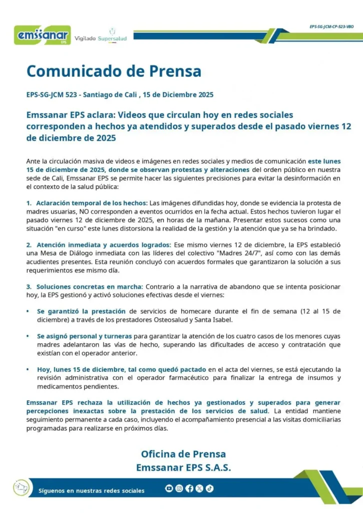 Comunicado de Emssanar EPS sobre crisis en Emssanar EPS Cali y respuesta tras video viral por falta de medicamentos