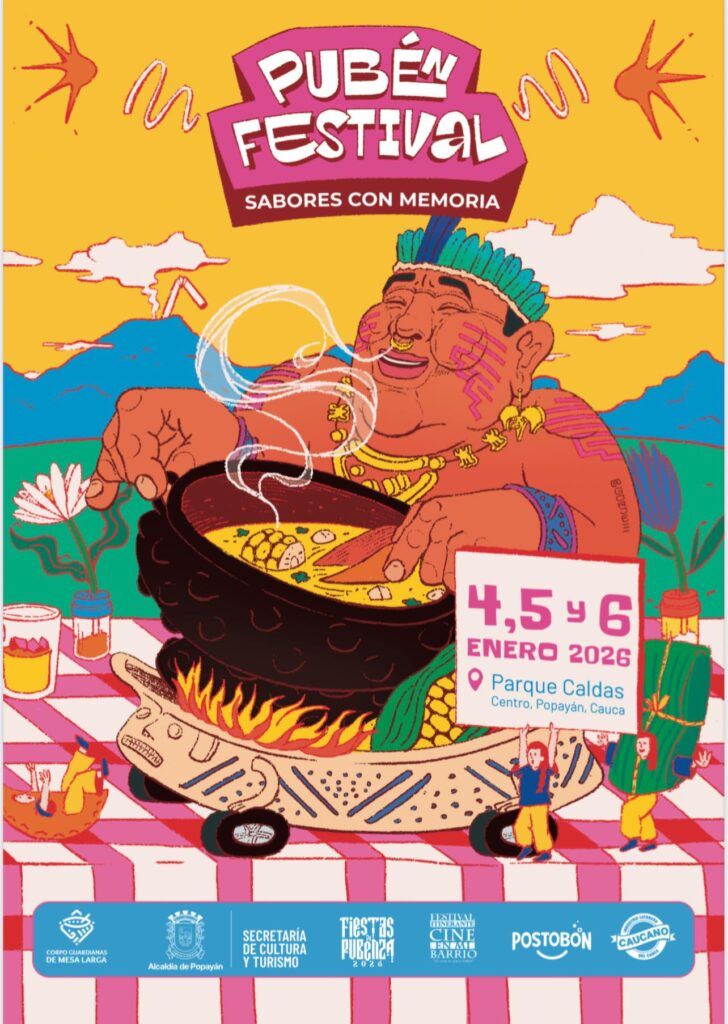 Cartel del Pubén Festival Sabores con Memoria realizado en el Parque Caldas durante las Fiestas de Pubenza 2026 en Popayán.