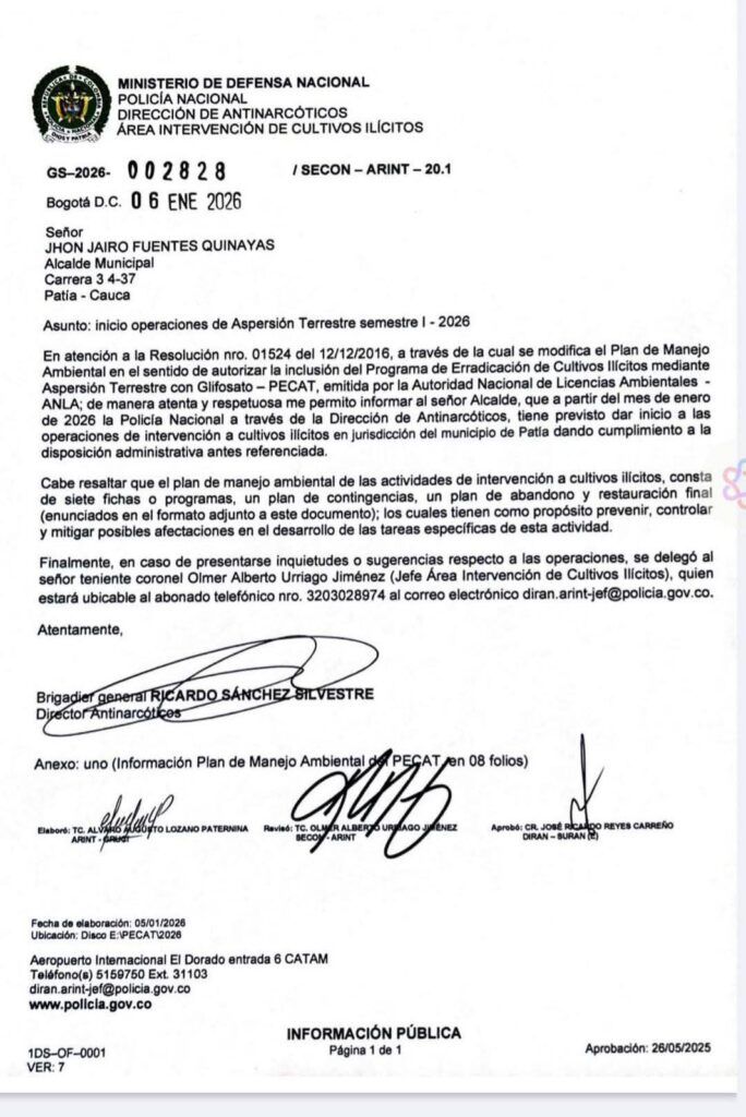 Documento de la Policía Nacional que notifica el inicio de fumigaciones con glifosato en el Cauca, dirigido al municipio de El Patía en 2026.