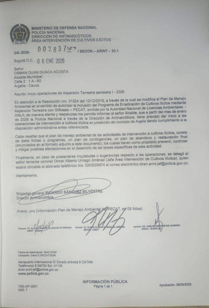 Fumigación con glifosato en Cauca: documento oficial notifica a Argelia - Meridiano Regional fumigación con glifosato en Cauca notificación oficial Argelia Policía Nacional PECAT