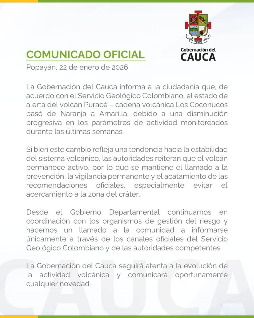 alerta volcán Puracé pasa de Naranja a Amarilla según comunicado de la Gobernación del Cauca