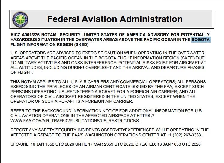 Alerta aérea en el Pacífico colombiano emitida por la FAA - Meridiano Regional alerta aérea Pacífico colombiano emitida por la FAA para vuelos en la FIR Bogotá