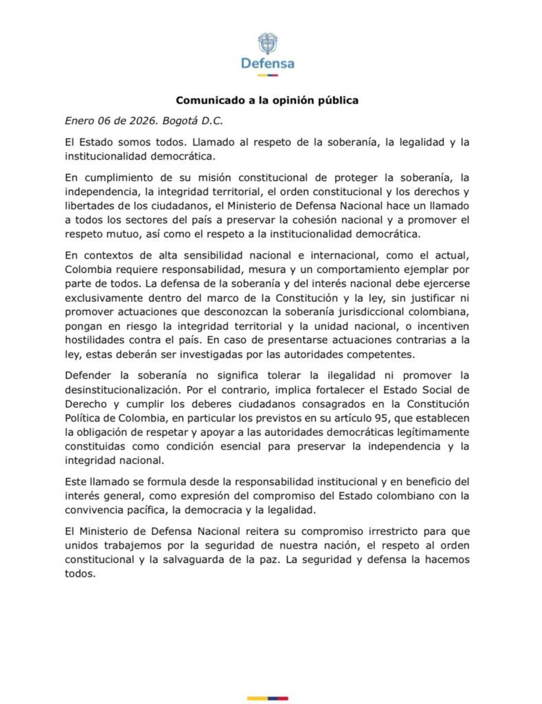 ministerio de defensa comunicado oficial soberanía legalidad institucionalidad democrática colombia