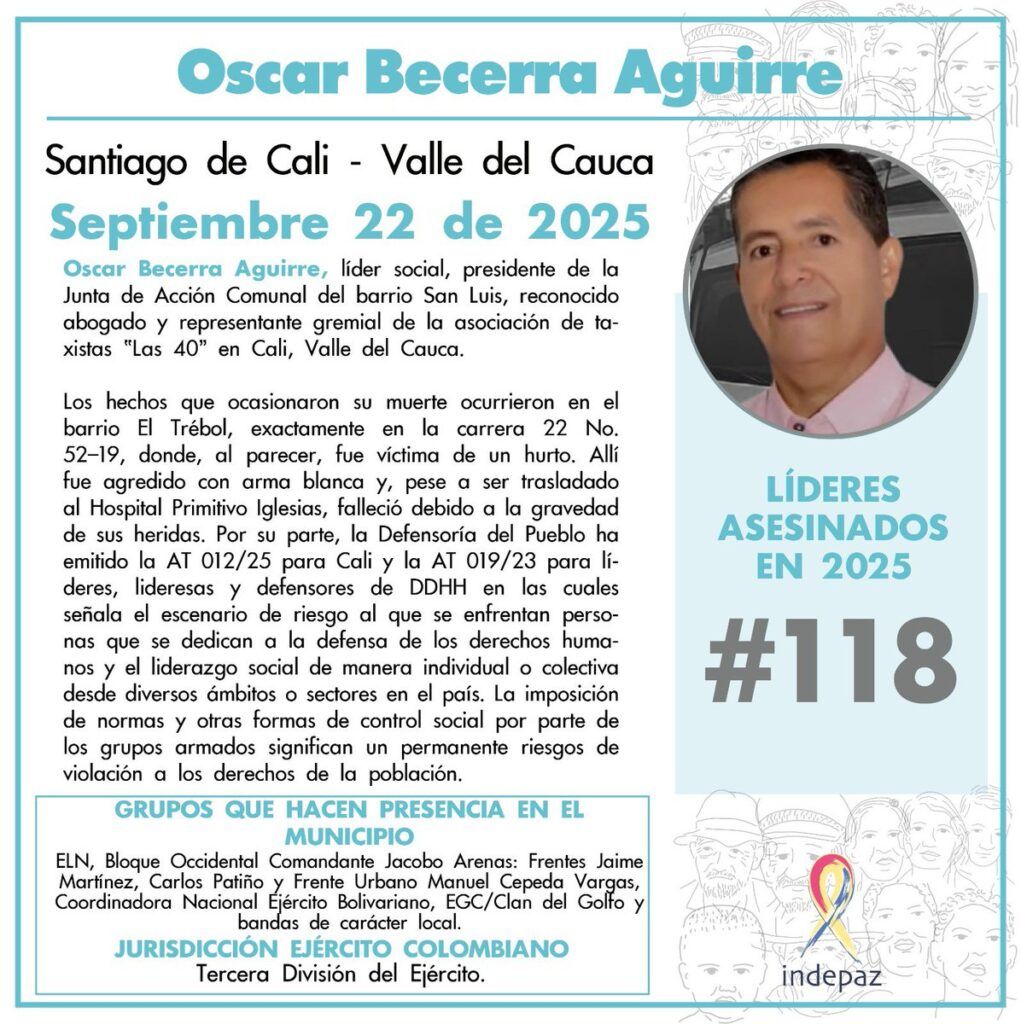 Imagen de Indepaz sobre el homicidio de Óscar Becerra en Cali, líder social y presidente de la Junta de Acción Comunal del barrio San Luis asesinado en 2025.