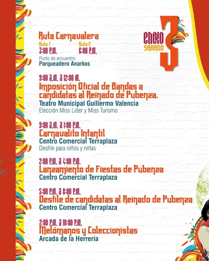 Fiestas de Pubenza 2026 en Popayán: programación oficial del 3 de enero con desfiles, Reinado de Pubenza, carnavalito infantil y actividades culturales
