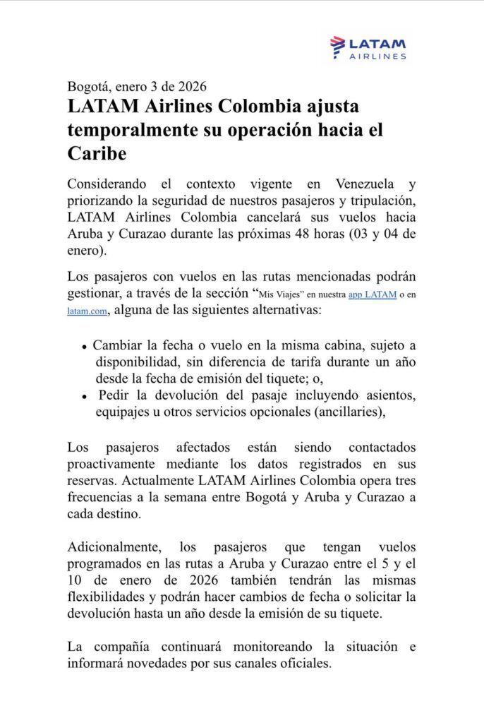 Vuelos al Caribe cancelados según comunicado oficial de LATAM Airlines Colombia emitido en Bogotá el 3 de enero de 2026.