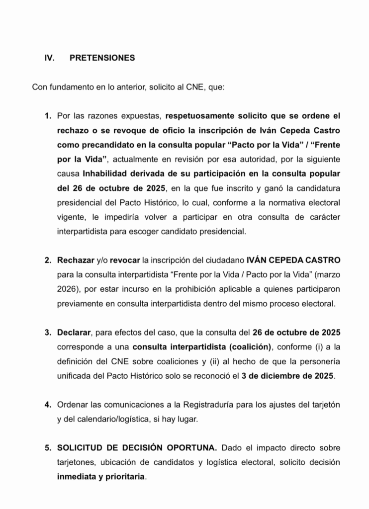 Iván Cepeda CNE solicitud para revocar inscripción en consulta presidencial del Frente por la Vida