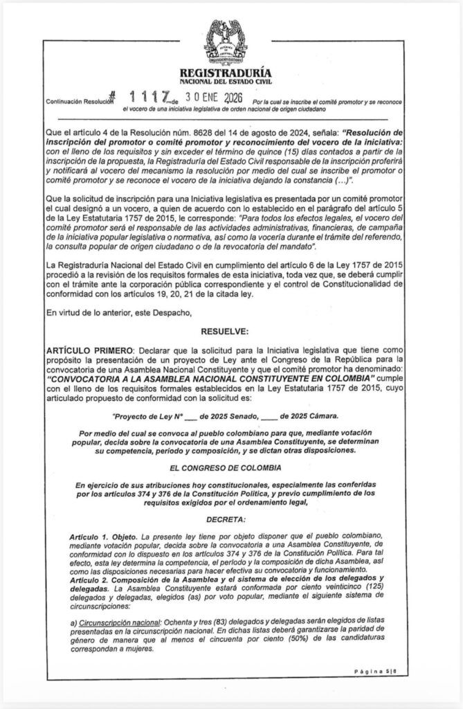 Resolución 1117 de 2026 de la Registraduría que avala el comité promotor de la Asamblea Nacional Constituyente y autoriza la recolección de firmas en Colombia