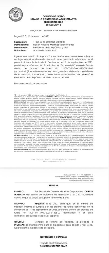Auto del Consejo de Estado ordena a la CRC informar cumplimiento del fallo que limita las alocuciones presidenciales en Colombia