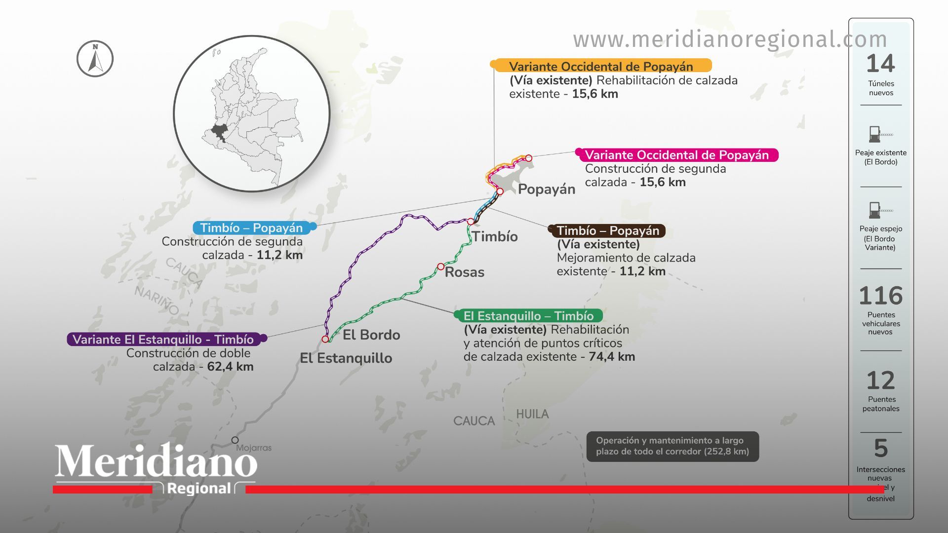 Mapa del proyecto vial El Estanquillo–Popayán con tramos y variantes entre Cauca y Nariño