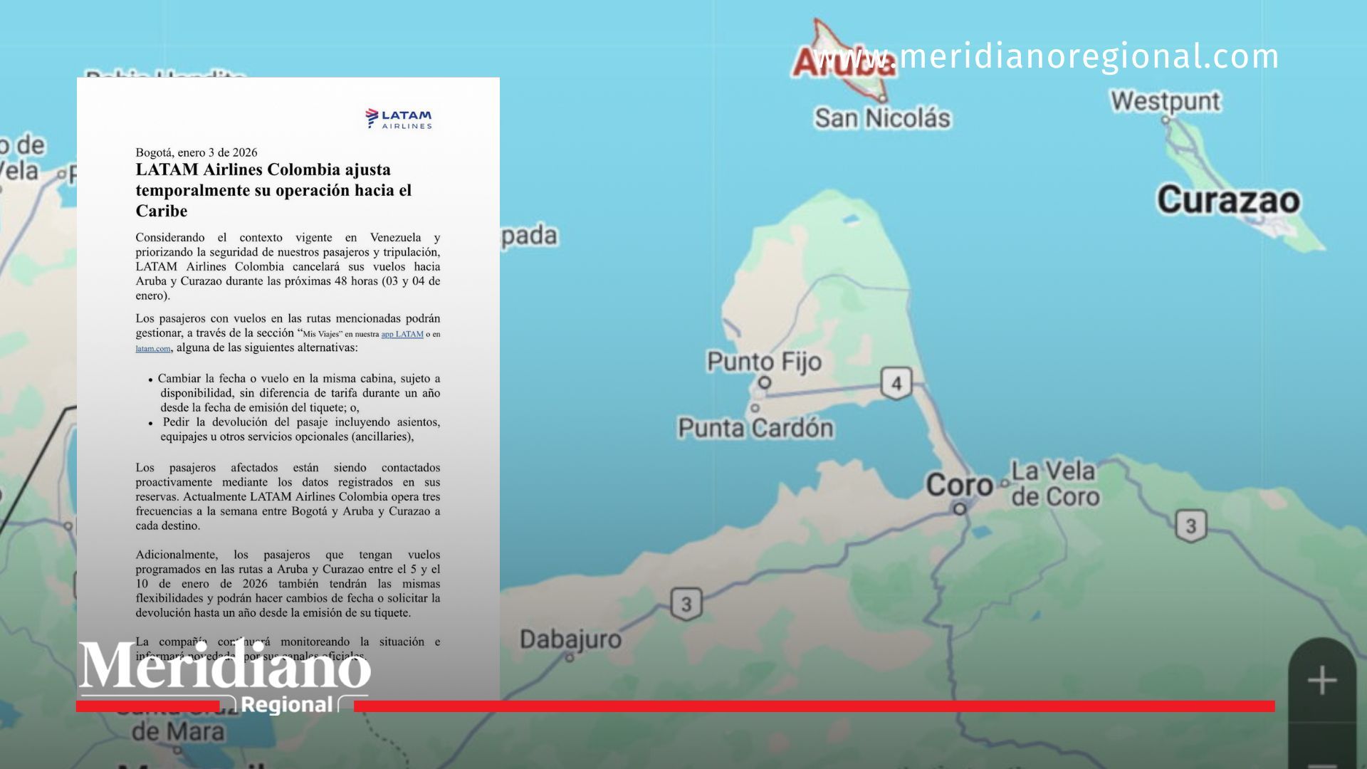 Mapa de Aruba y Curazao en el Caribe, rutas afectadas por los vuelos al Caribe cancelados desde Colombia.