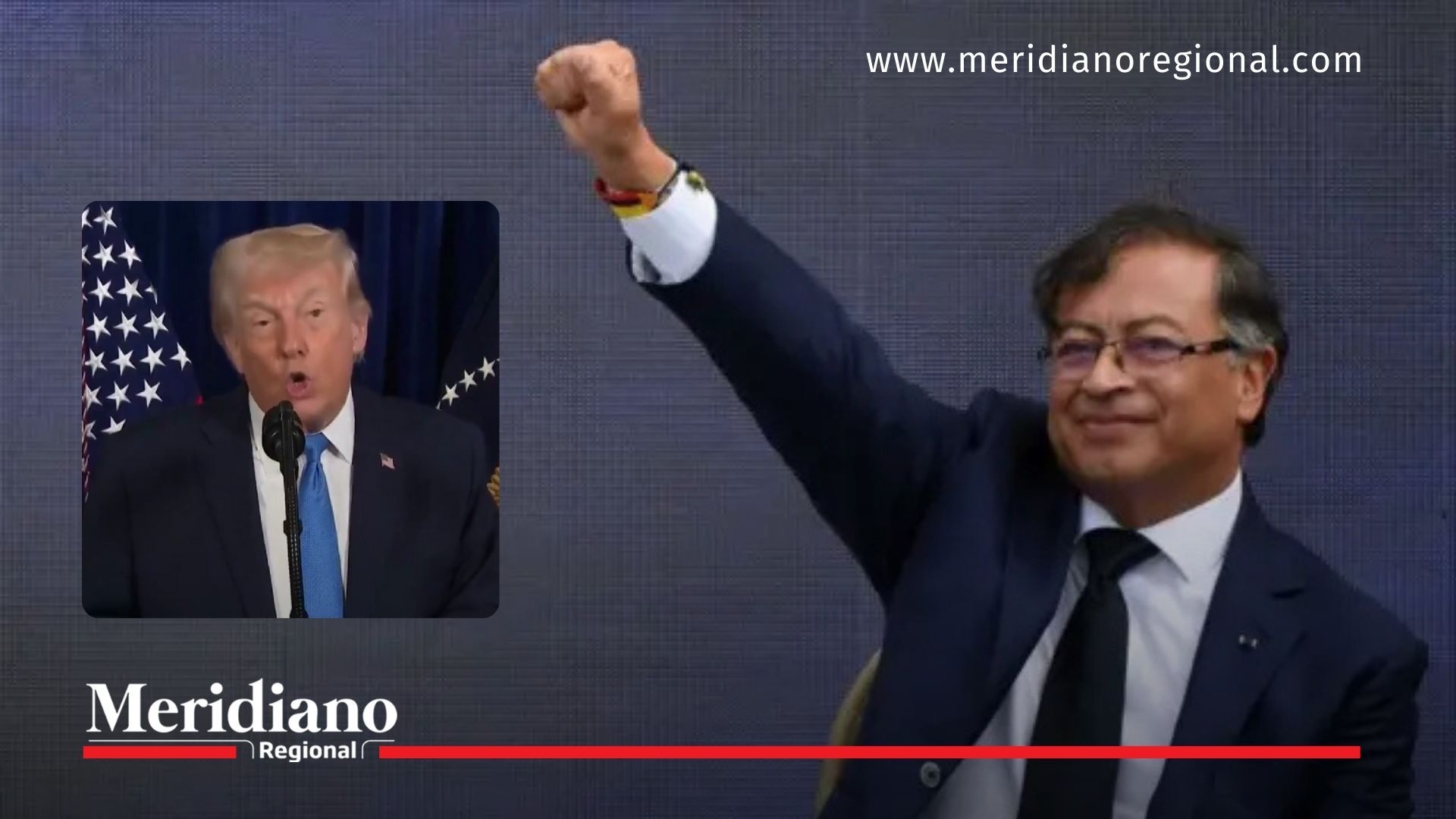 El presidente Gustavo Petro levanta el puño en una imagen simbólica, mientras se superpone la figura de Donald Trump, en medio de la polémica por un eventual operativo militar de Estados Unidos en Colombia.
