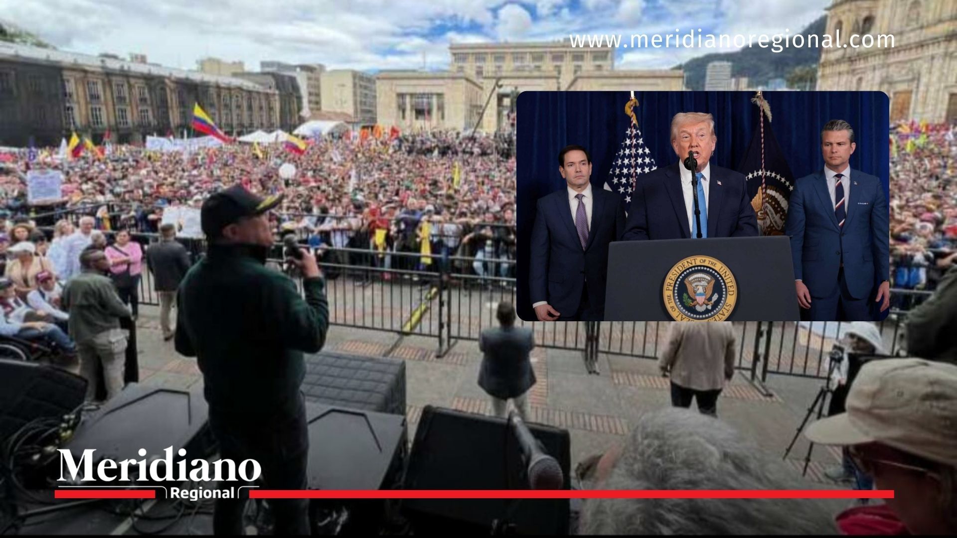 El presidente Gustavo Petro durante una movilización en la Plaza de Bolívar, en Bogotá, mientras se sobrepone una imagen de Donald Trump dando un discurso desde la Casa Blanca, en medio de la tensión diplomática entre Colombia y Estados Unidos.
