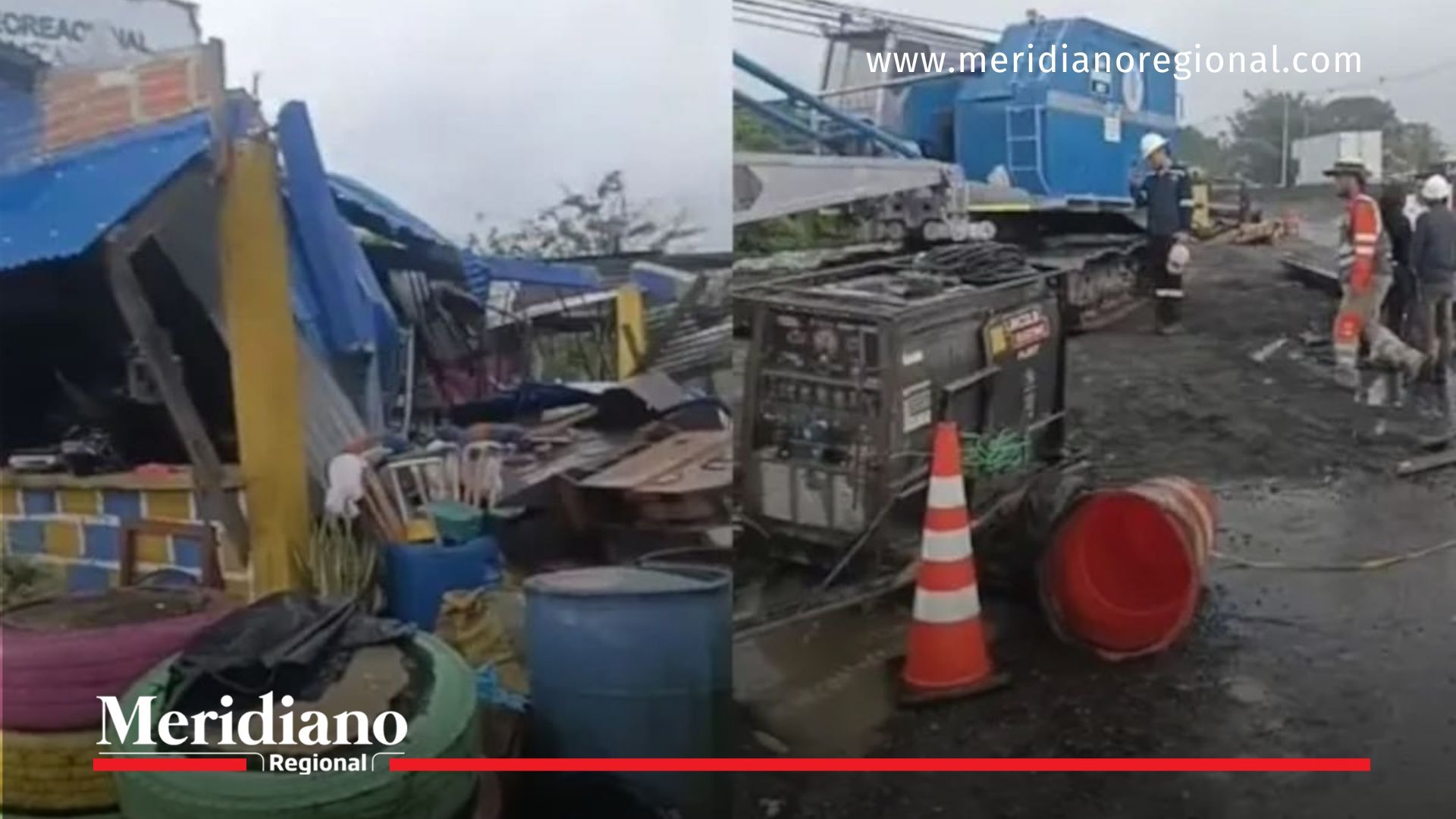 Escena del accidente operativo registrado en el corregimiento de Córdoba, en la vía a Buenaventura, donde una grúa colapsó durante trabajos de infraestructura vial.