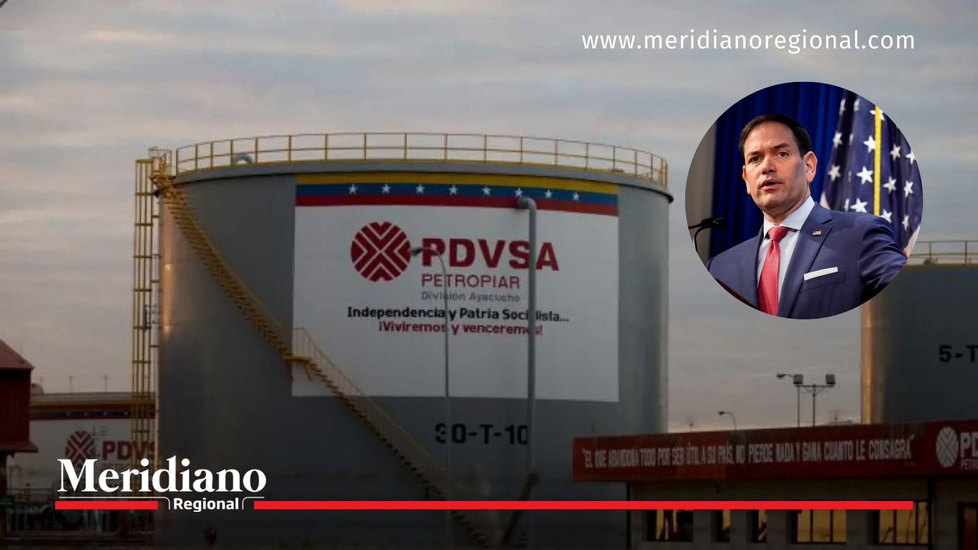 Tanques de PDVSA en Venezuela, en referencia al levantamiento selectivo de sanciones a Venezuela anunciado por Estados Unidos y al plan en tres fases explicado por el secretario de Estado Marco Rubio.