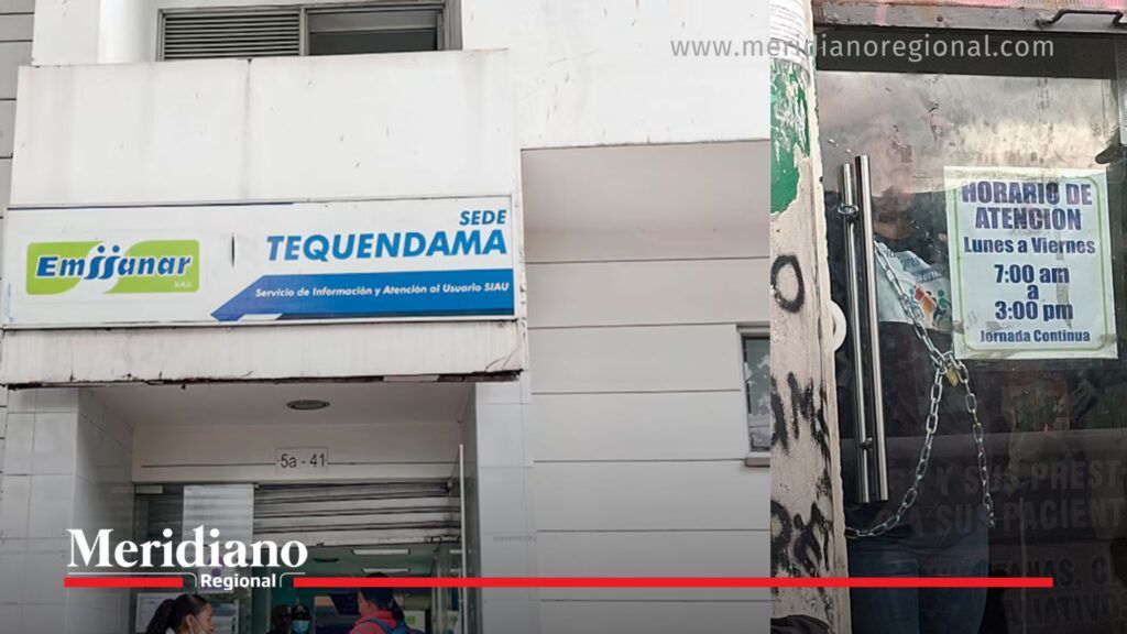 Fachada de la sede de Emssanar EPS en Cali durante protesta por falta de medicamentos y atención médica
