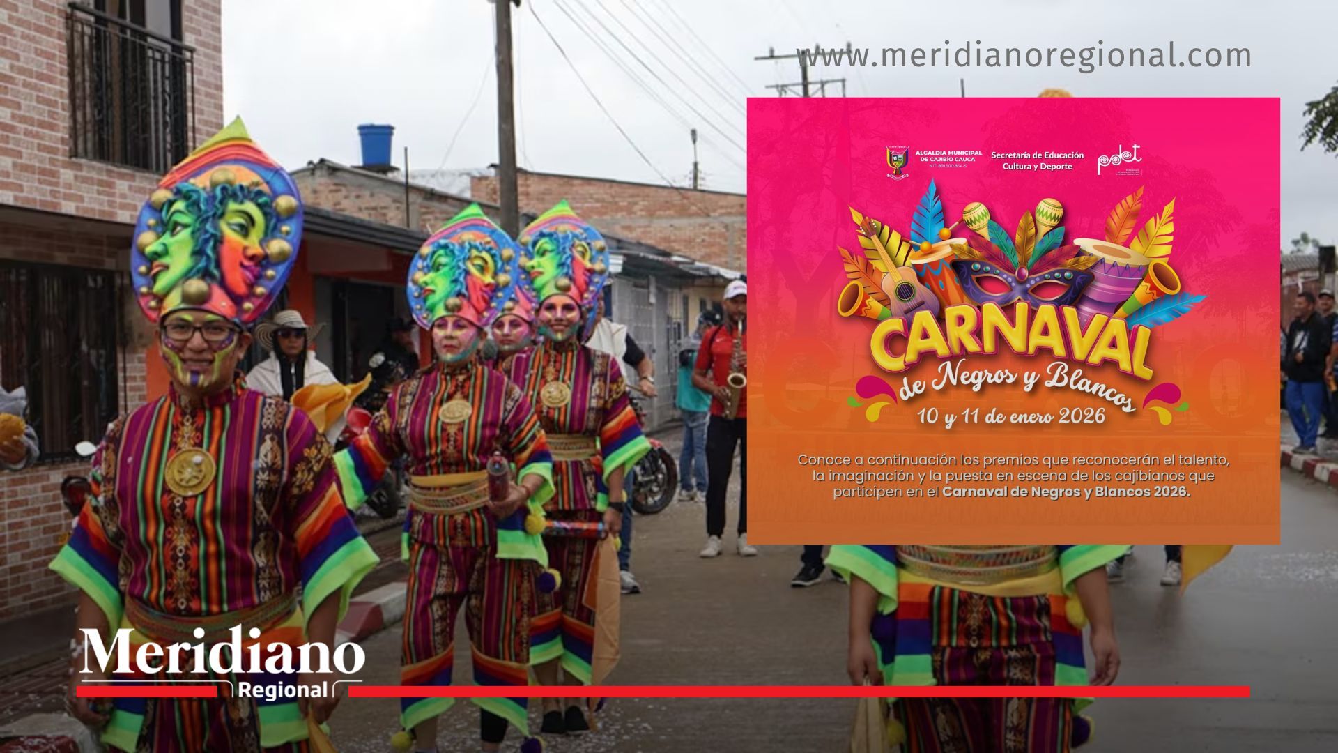 Carnavales de Cajibío 2026 durante el desfile del Carnaval de Negros y Blancos en las calles de Cajibío, Cauca