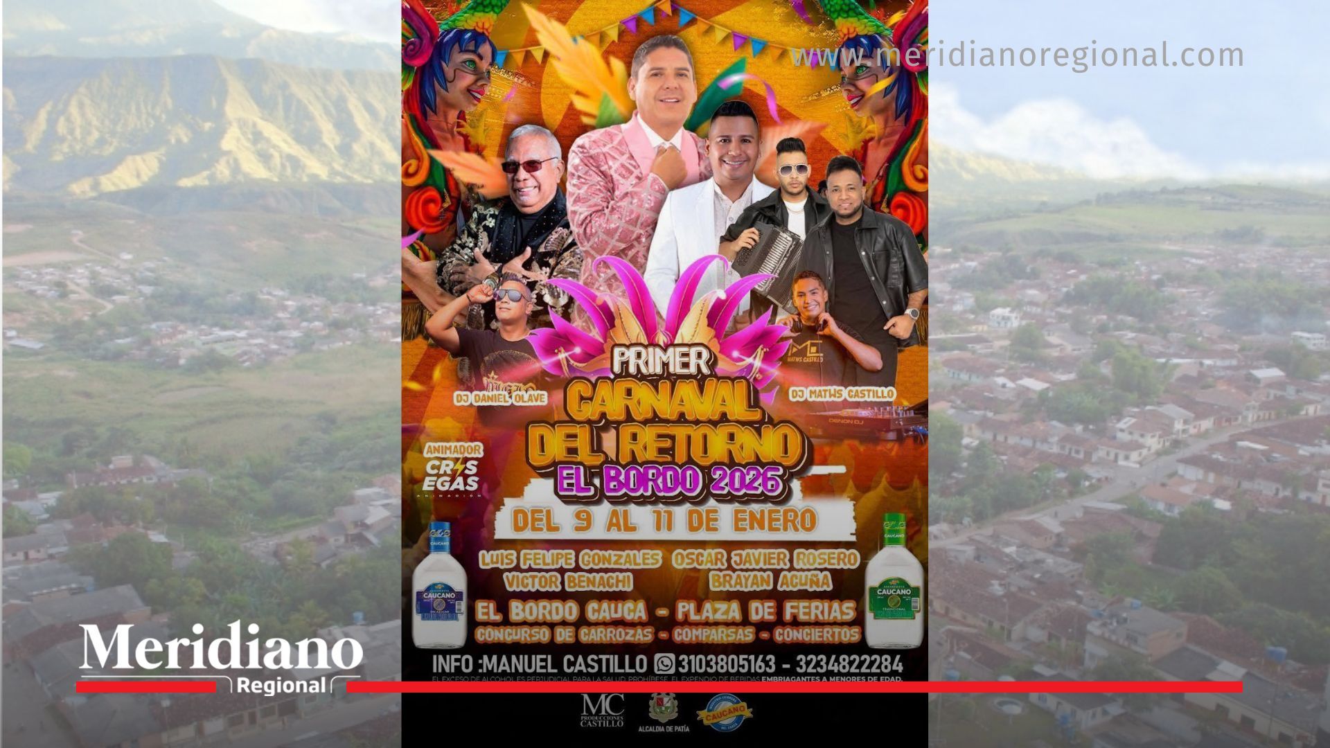 Cartel del primer Carnaval del Retorno El Bordo 2026 con programación de conciertos en Patía, Cauca