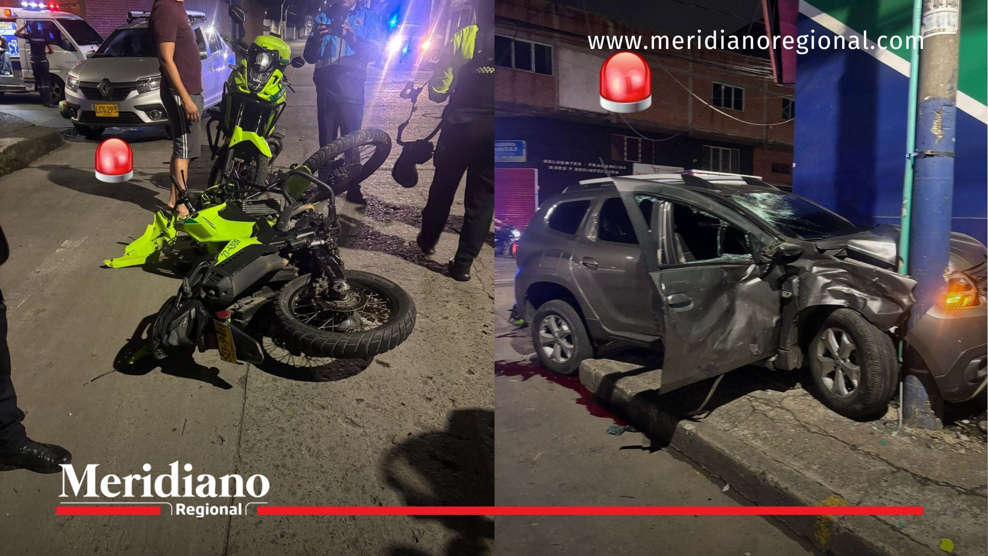 Motocicleta institucional y camioneta particular involucradas en el accidente de tránsito en Cali que dejó un patrullero fallecido y varios heridos en el centro de la ciudad.