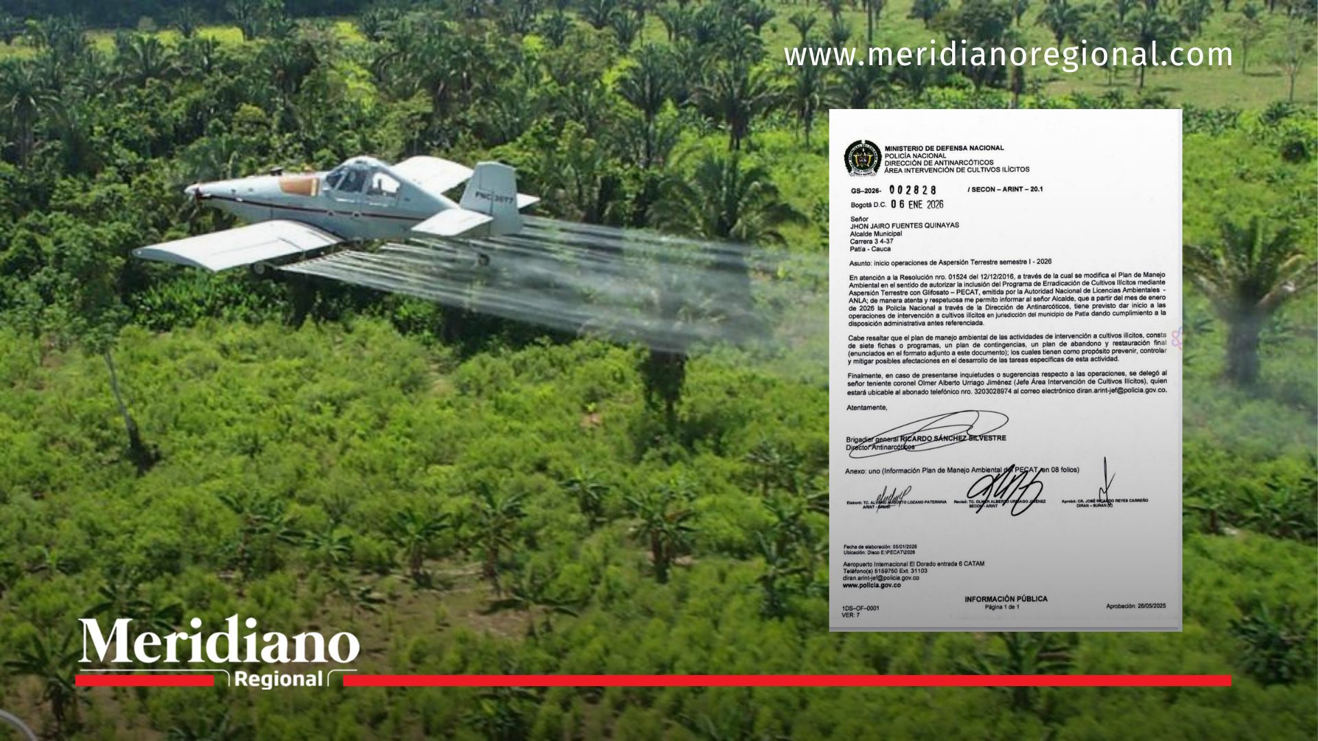 Avión fumigando cultivos ilícitos y documento oficial sobre fumigaciones con glifosato en el Cauca notificadas a El Patía