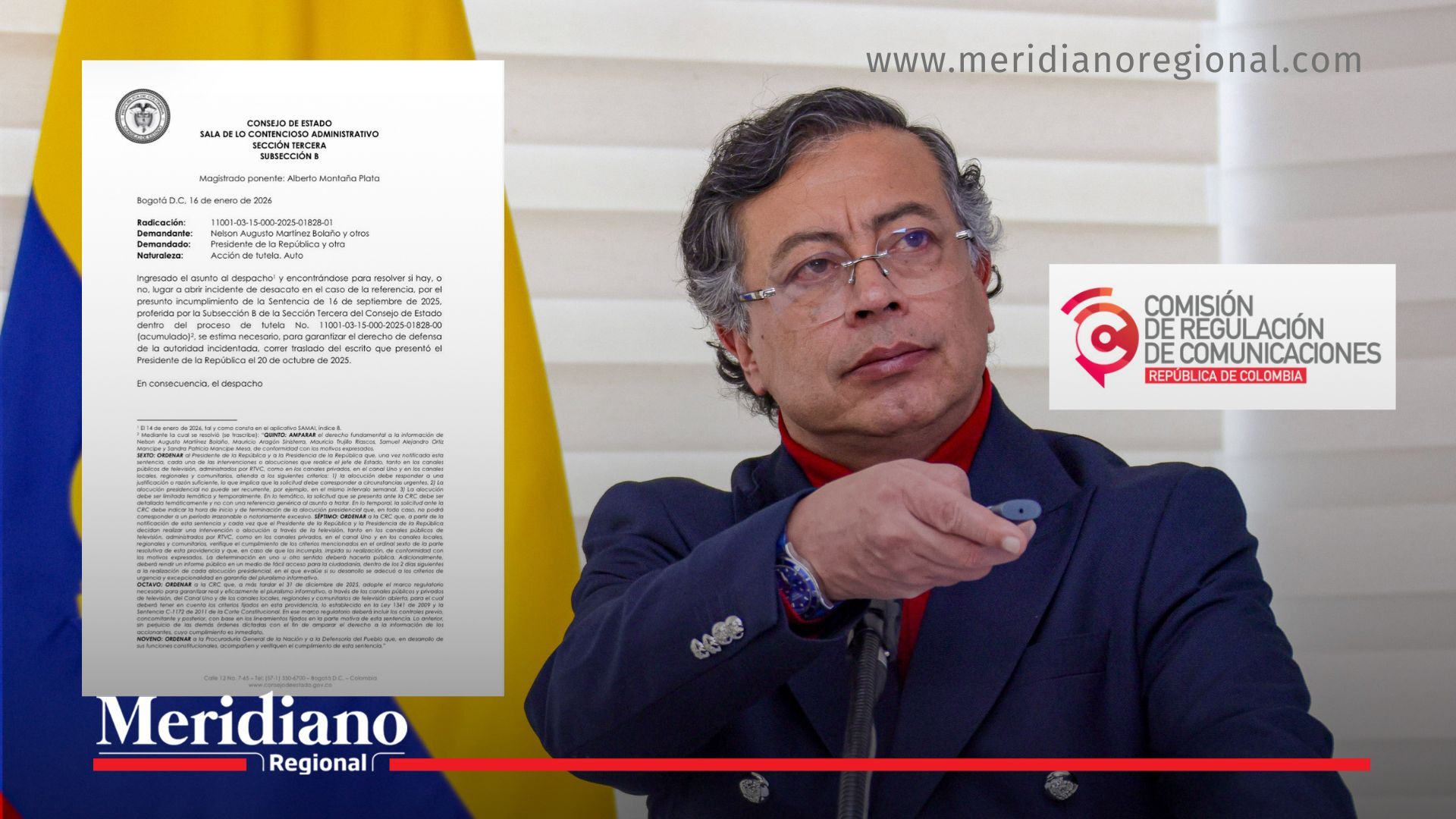 Gustavo Petro en alocución presidencial junto a orden del Consejo de Estado y logo de la CRC