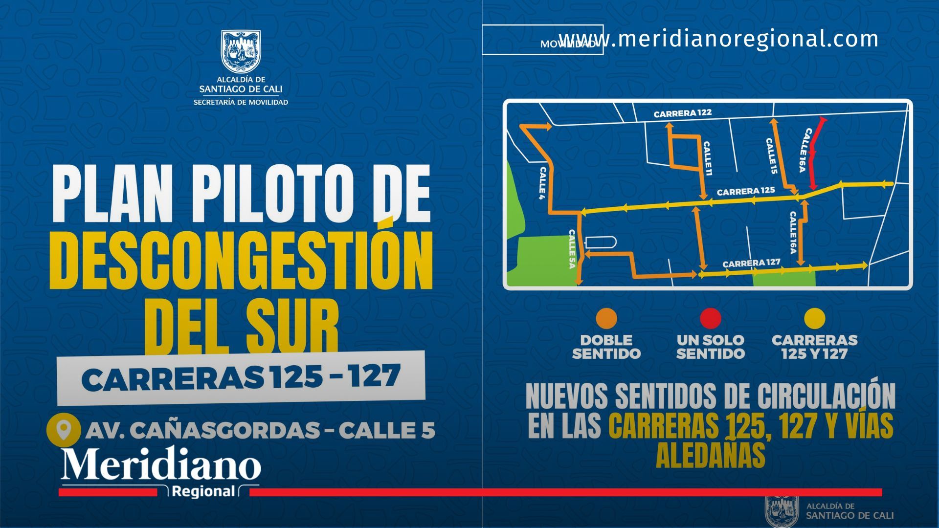 Mapa del plan piloto de descongestión en Cali con nuevos sentidos viales en carreras 125 y 127
