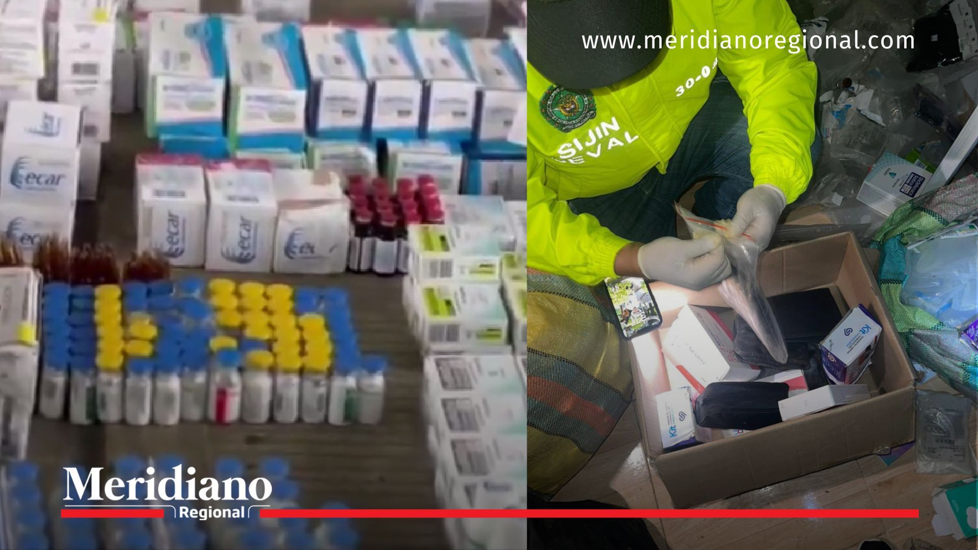 Medicamentos e insumos médicos incautados durante el operativo que permitió desmantelar un hospital clandestino en zona rural de Buenaventura.