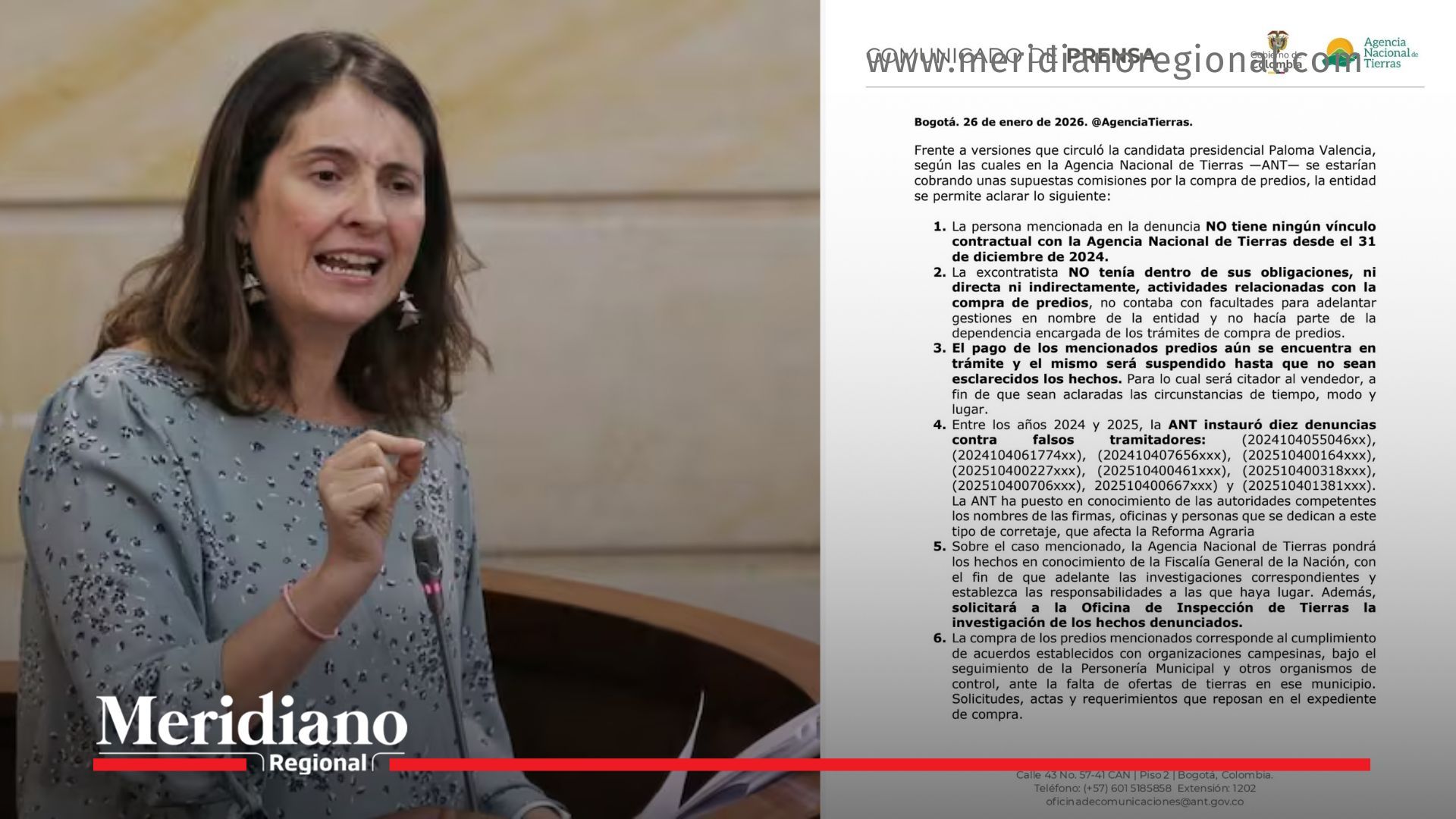 Agencia Nacional de Tierras responde a denuncia de Paloma Valencia por presunta comisión en compra de tierras