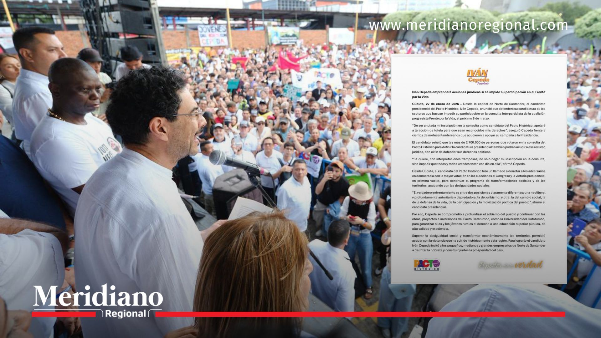 Iván Cepeda durante un acto público en Cúcuta, donde anunció la inscripción del Frente por la Vida para la consulta interpartidista del 8 de marzo de 2026.