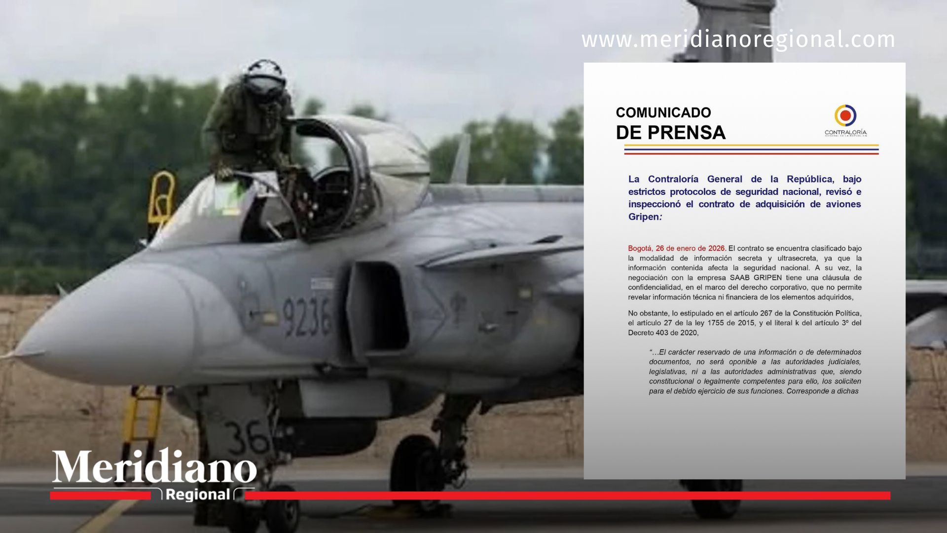Un avión Gripen acompaña el comunicado oficial de la Contraloría General de la República, que confirmó la legalidad y transparencia del contrato con Saab.