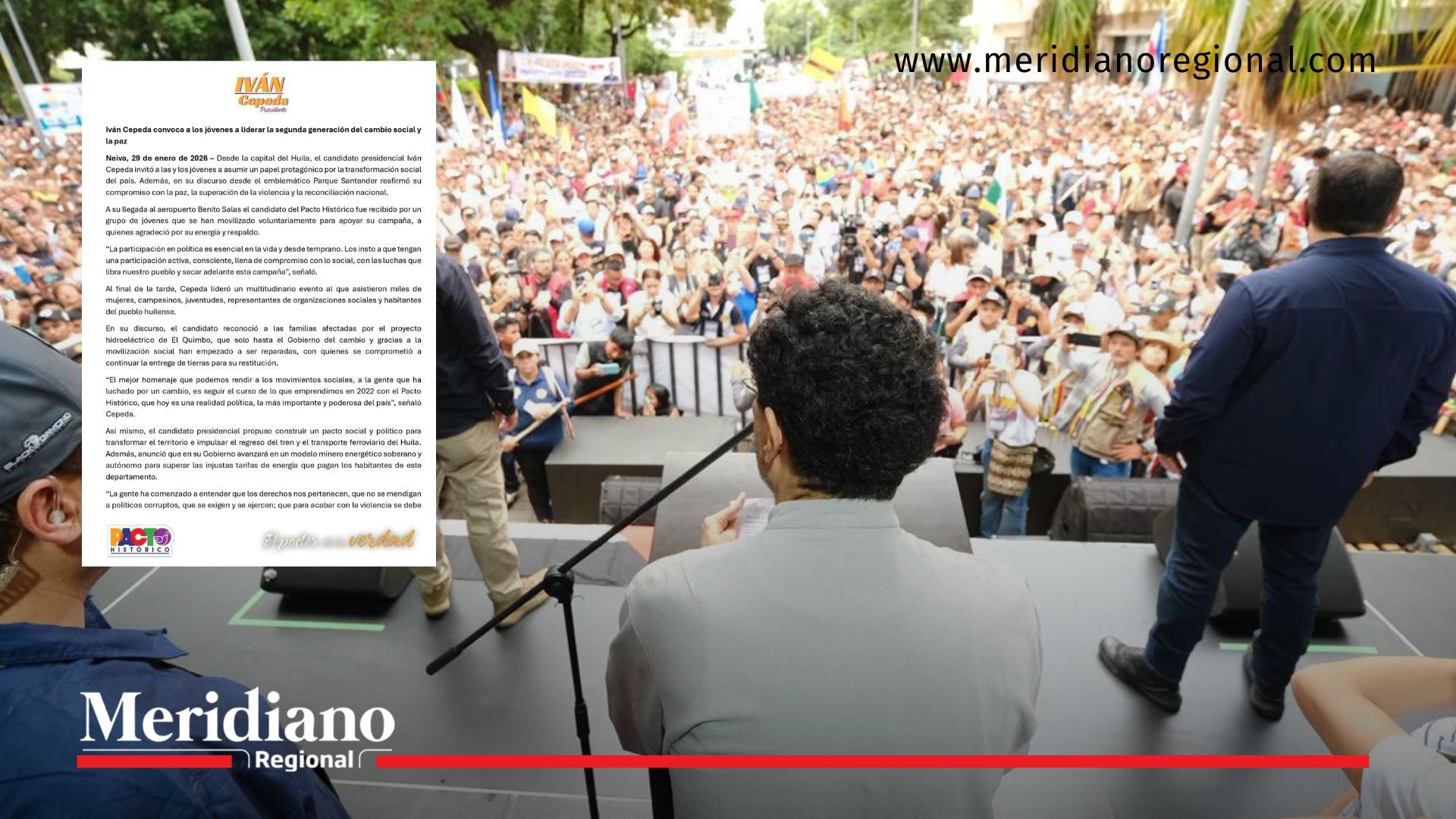 Iván Cepeda dando un discurso ante una multitud en Neiva durante acto político por la paz y el cambio social