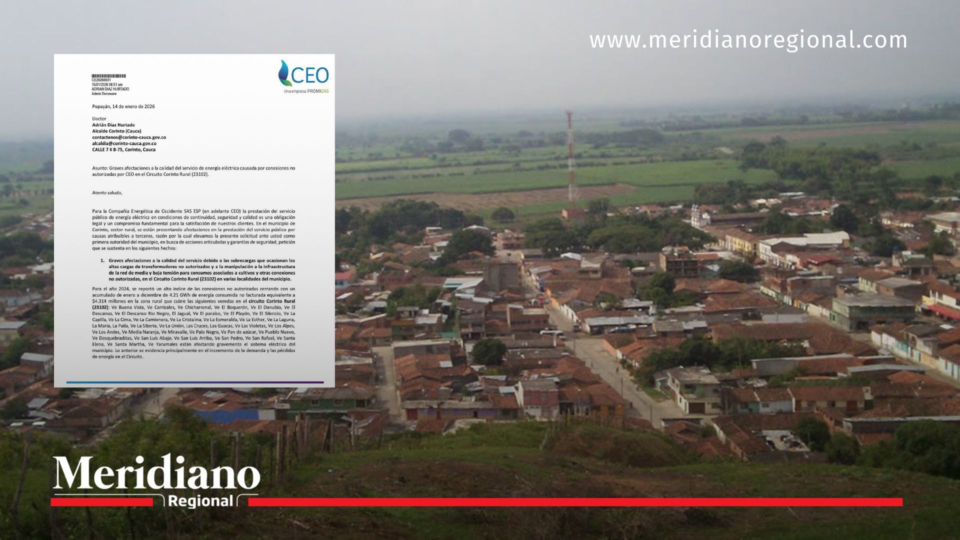 servicio de energía en Corinto según comunicado de la CEO sobre fallas eléctricas en el municipio