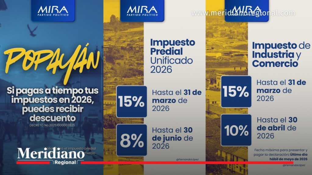 Descuentos impuestos Popayán 2026 con 15%, 10% y 8% por pago oportuno del impuesto predial y de industria y comercio.