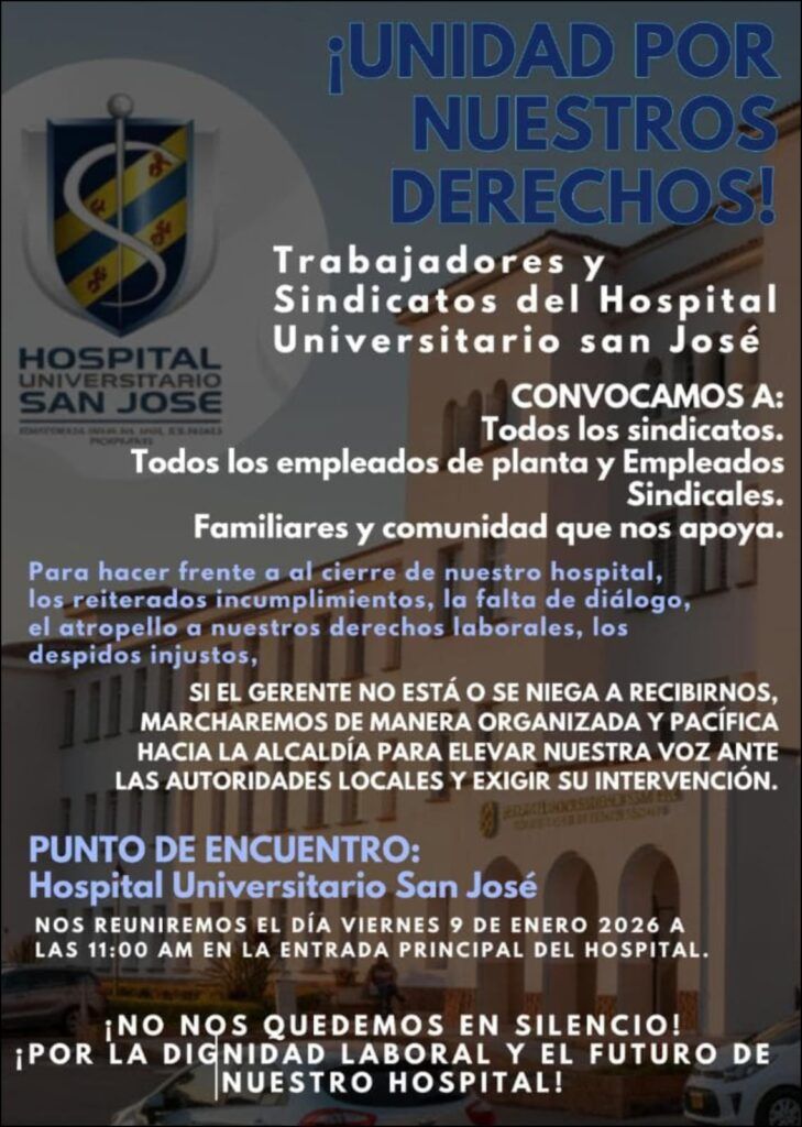 manifestación Hospital San José Popayán convocada para hoy 9 de enero a las 11 am por cierre de servicios de salud