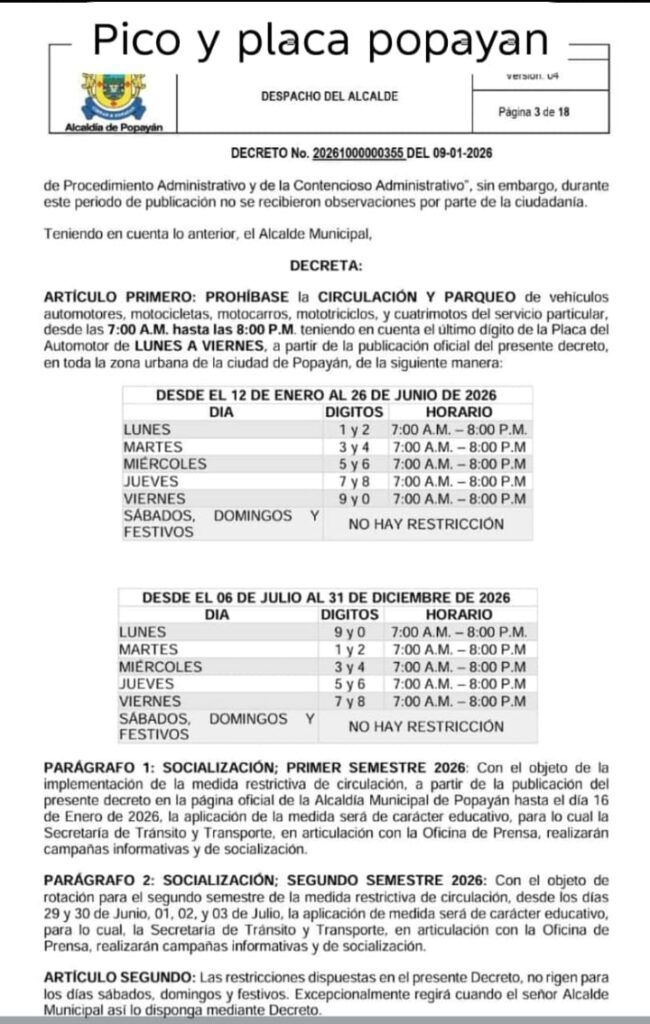 Decreto del pico y placa Popayán 2026 - Meridiano Regional Decreto del pico y placa Popayán 2026 con horarios, rotación de placas y periodo pedagógico establecido por la Alcaldía de Popayán.