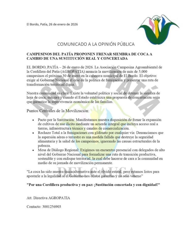 Fumigaciones con glifosato en el Patía: comunicado de AGROPATÍA - Meridiano Regional fumigaciones con glifosato en el Patía comunicado de Agropatía sobre movilización campesina