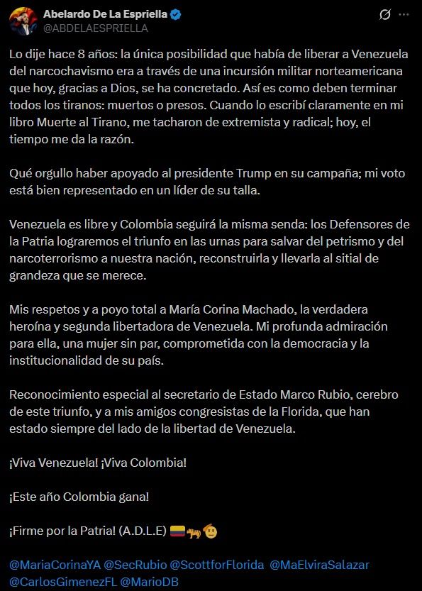 Pronunciamiento De La Espriella en X sobre Maduro y los hechos en Venezuela