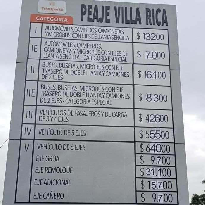 tarifas Peaje Villa Rica - norte del Cauca - corredor Santander de Quilichao Cali