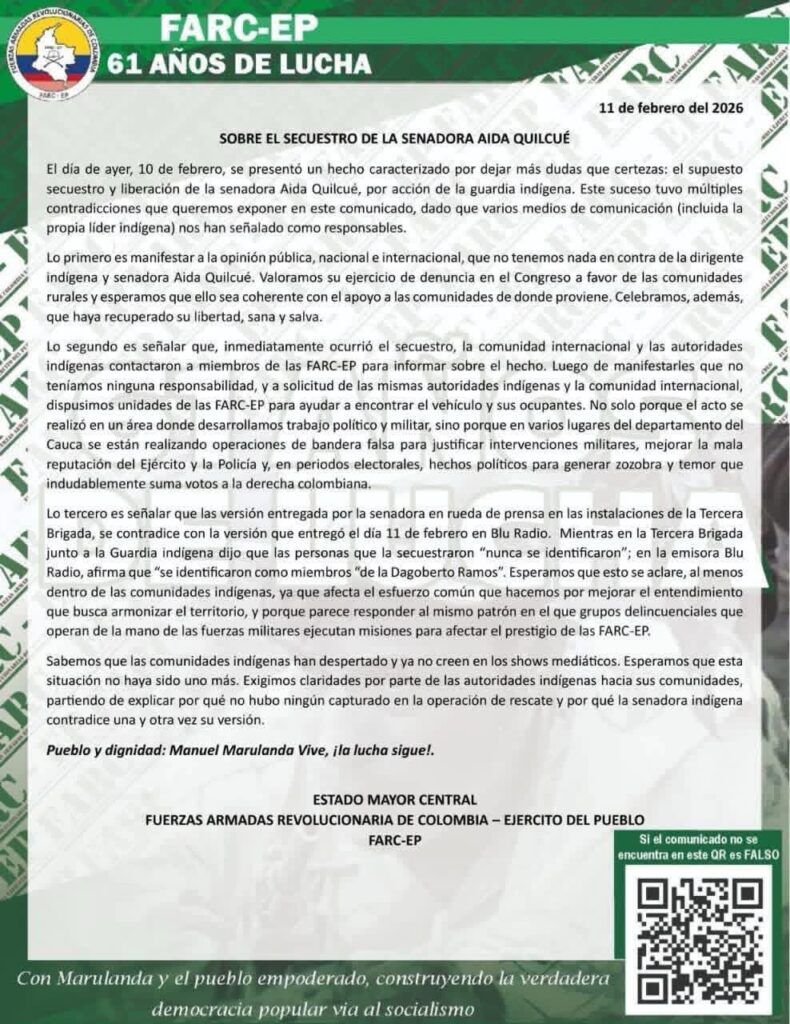 Comunicado FARC-EP sobre secuestro Aída Quilcué difundido el 11 de febrero de 2026 donde niegan responsabilidad en el Cauca.