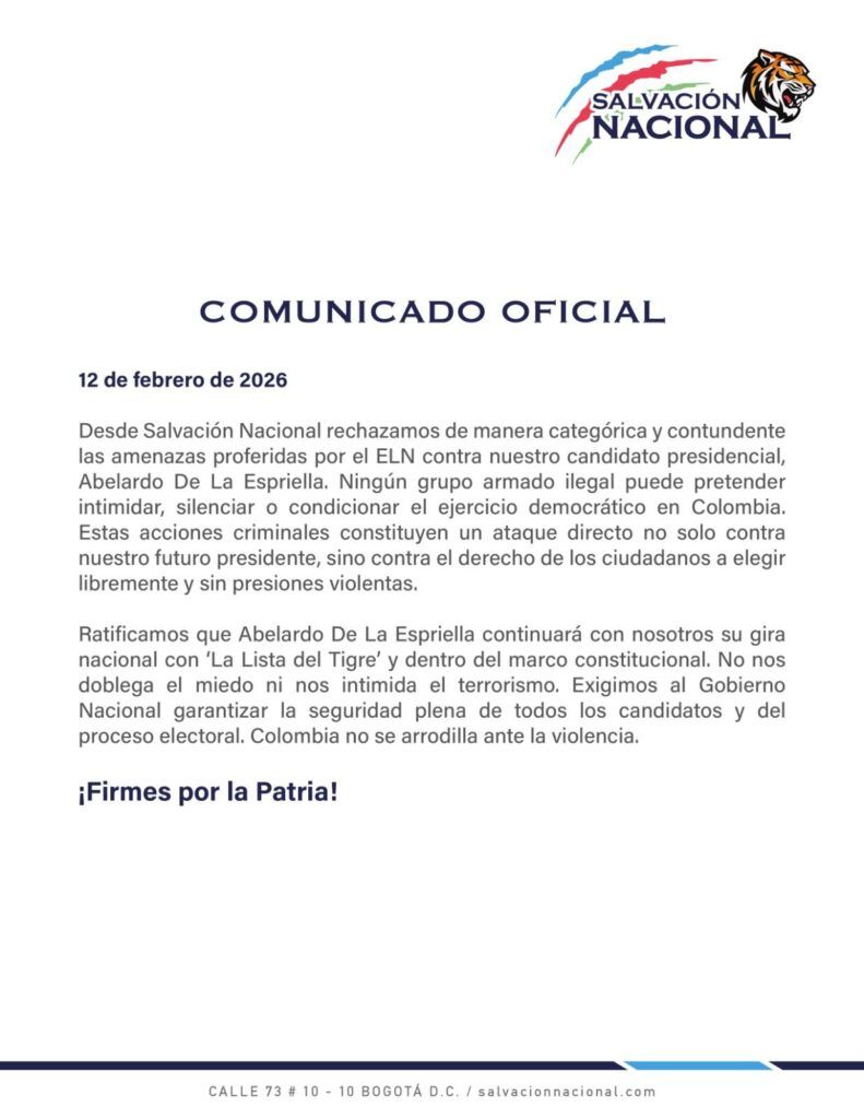 Abelardo De La Espriella: comunicado de Salvación Nacional tras amenazas del ELN - Meridiano Regional Abelardo De La Espriella comunicado Salvación Nacional rechazo amenazas ELN elecciones 2026 noticias Colombia