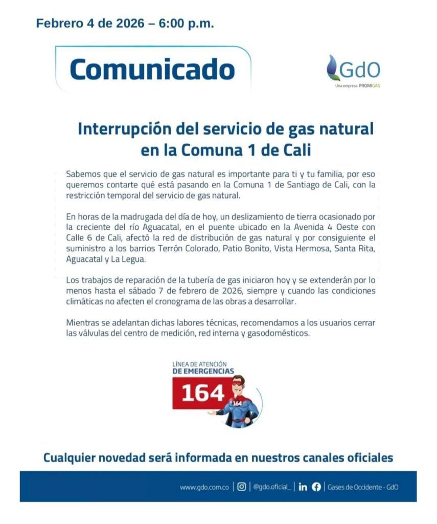 suspensión del servicio de gas en Cali informada por Gases de Occidente en la Comuna 1