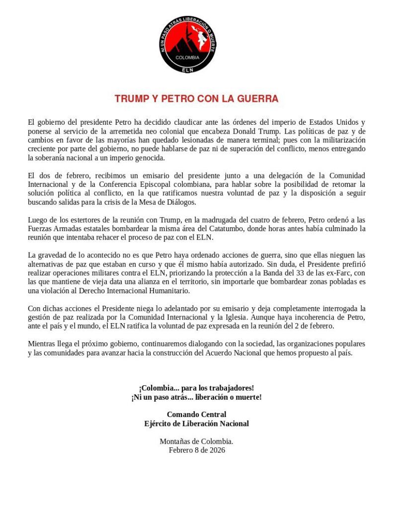 ELN y Gobierno Petro: comunicado tras bombardeos en el Catatumbo - Meridiano Regional ELN y Gobierno Petro - comunicado del ELN por bombardeos en el Catatumbo - proceso de paz Colombia