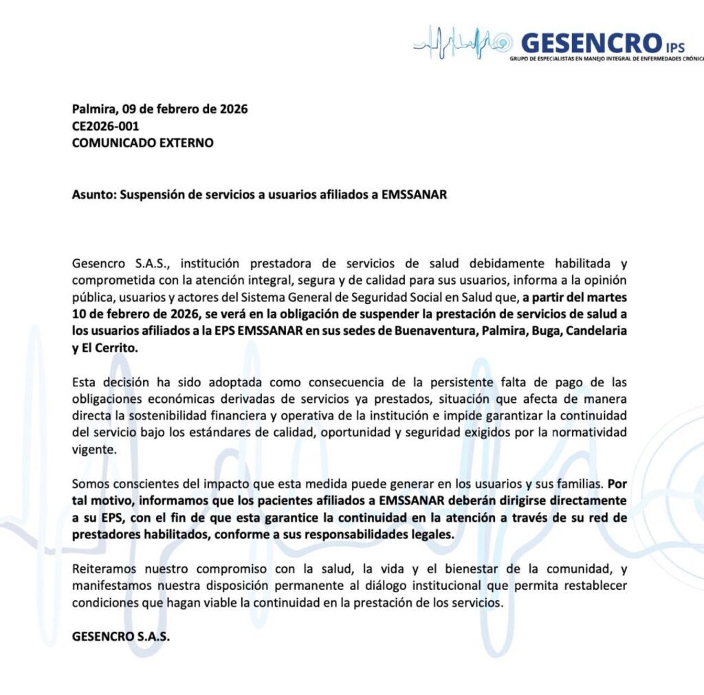 Suspensión de servicios de salud anunciada por la IPS Gesencro - Meridiano Regional Suspensión de servicios de salud anunciada por la IPS Gesencro a usuarios de EMSSANAR en el Valle del Cauca