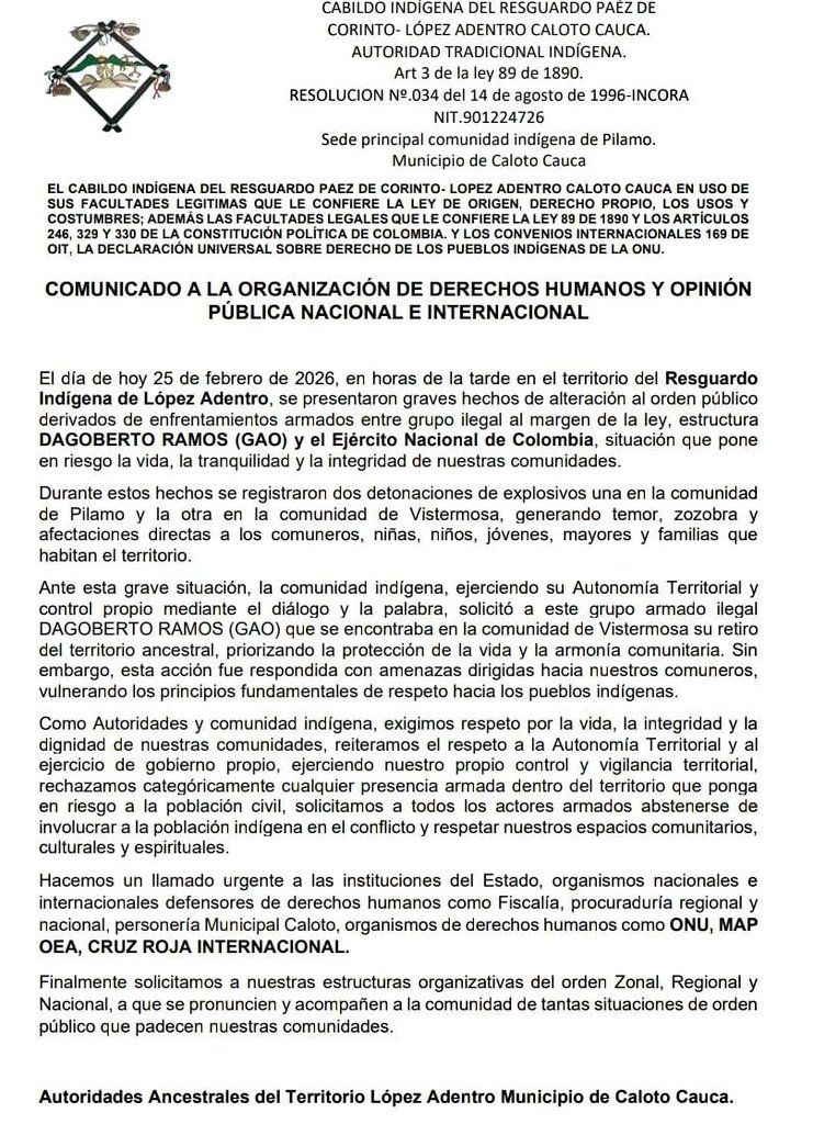 Comunicado del resguardo indígena sobre explosivos en Caloto norte del Cauca