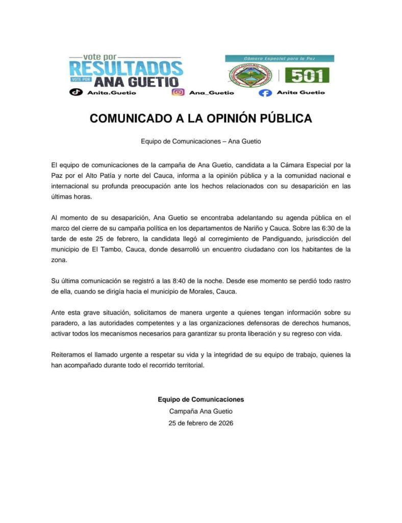 Desaparición de Ana Guetio – Comunicado oficial de campaña - Meridiano Regional desaparición de Ana Guetio - comunicado oficial campaña - Curul de Paz Cauca - noticias Cauca - elecciones 2026