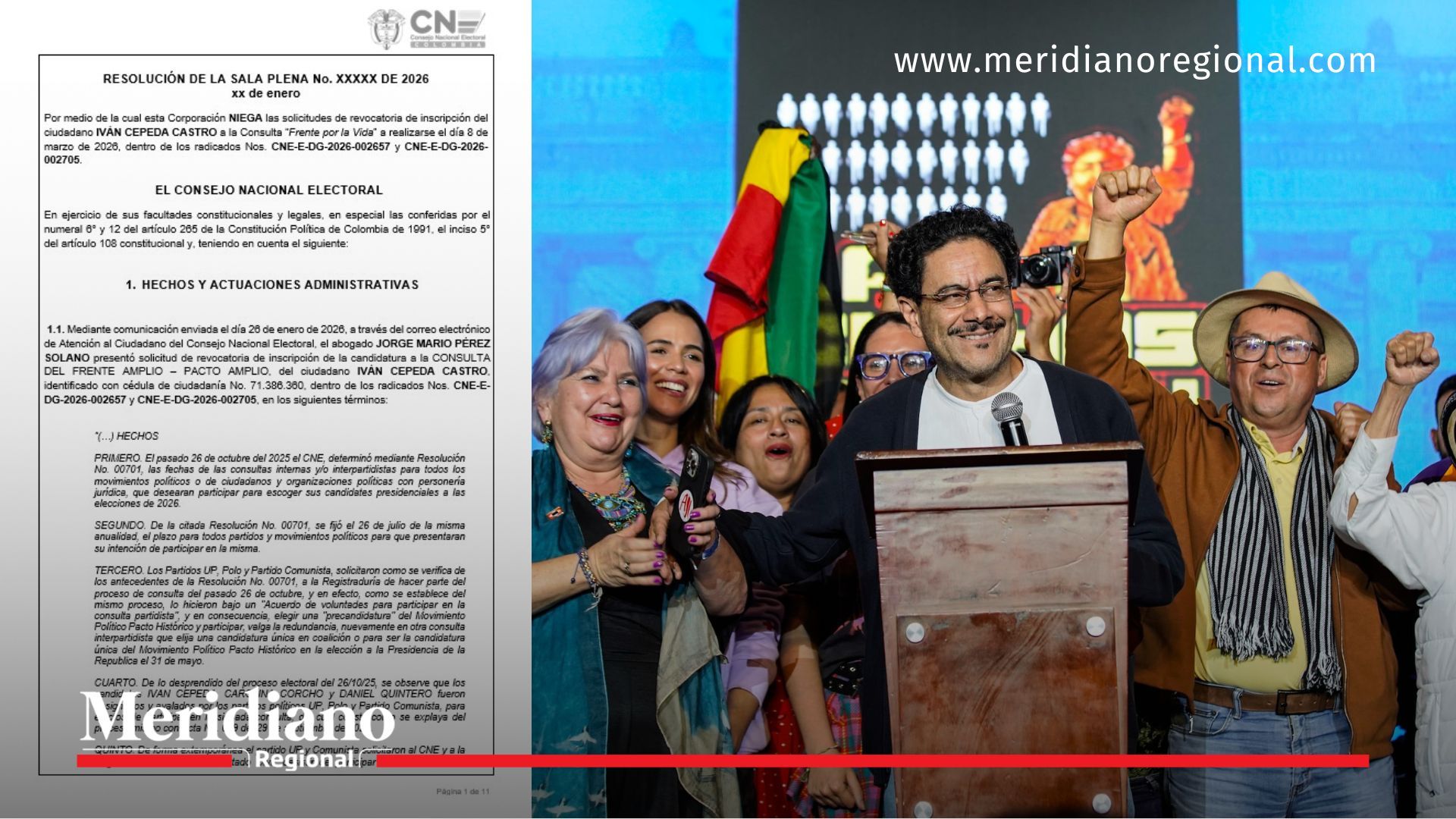 El senador Iván Cepeda durante un discurso público, mientras el Consejo Nacional Electoral estudia la ponencia que avala su participación en la consulta presidencial del 8 de marzo.