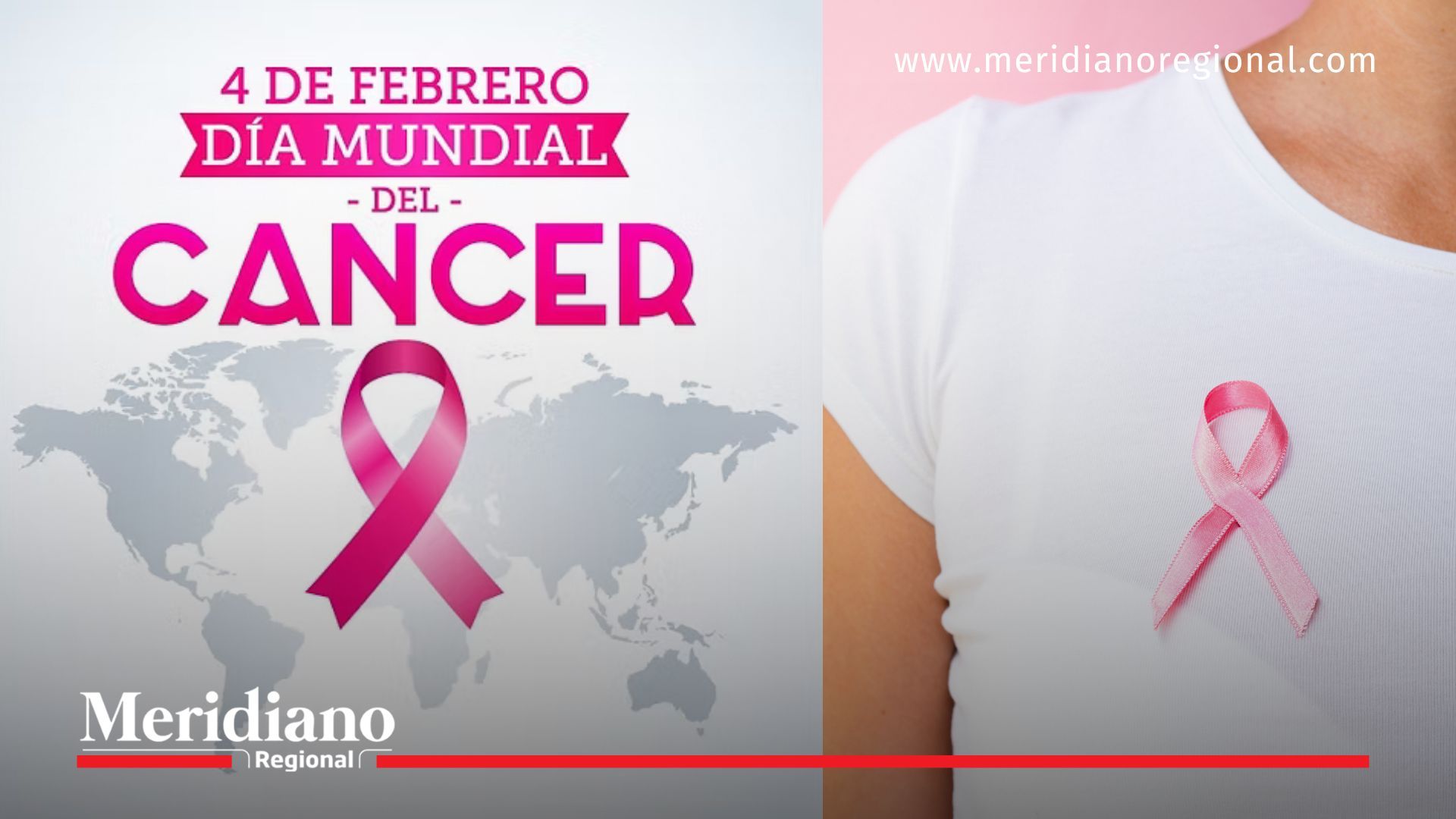 Día Mundial contra el Cáncer: imagen conmemorativa con lazo rosado y mujer usando cinta rosa por la prevención del cáncer de mama