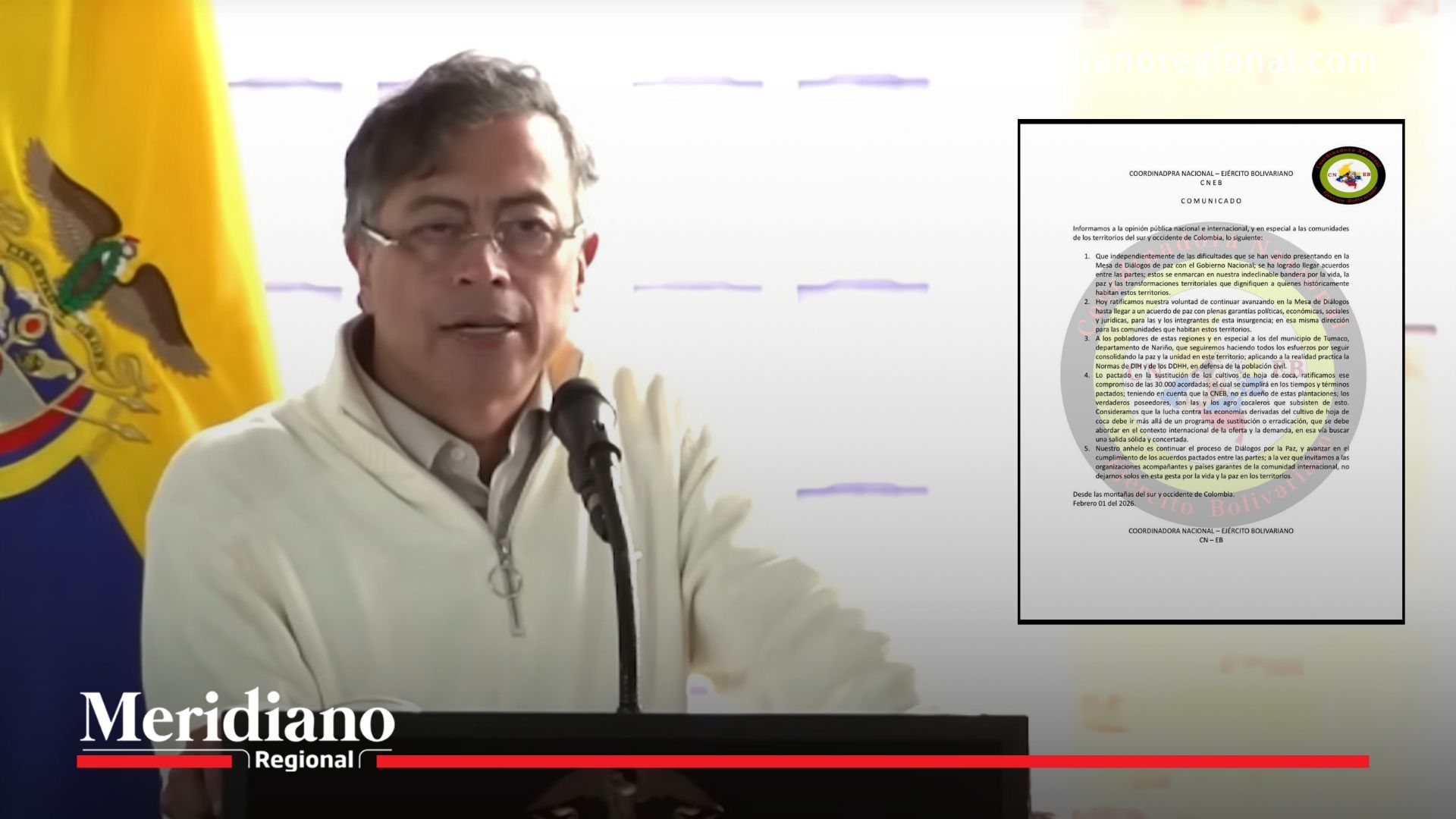 El presidente Gustavo Petro durante un pronunciamiento público, mientras la Coordinadora Nacional Ejército Bolivariano difundió un comunicado en respuesta al ultimátum de Petro y a la presión del Gobierno sobre los diálogos de paz.